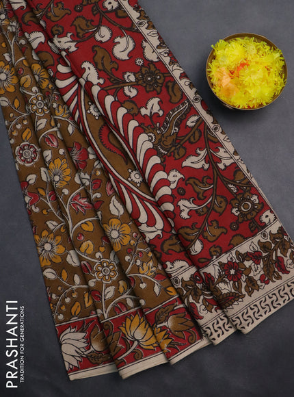 Kalamkari cotton saree dark mustard and red with allover prints and printed border