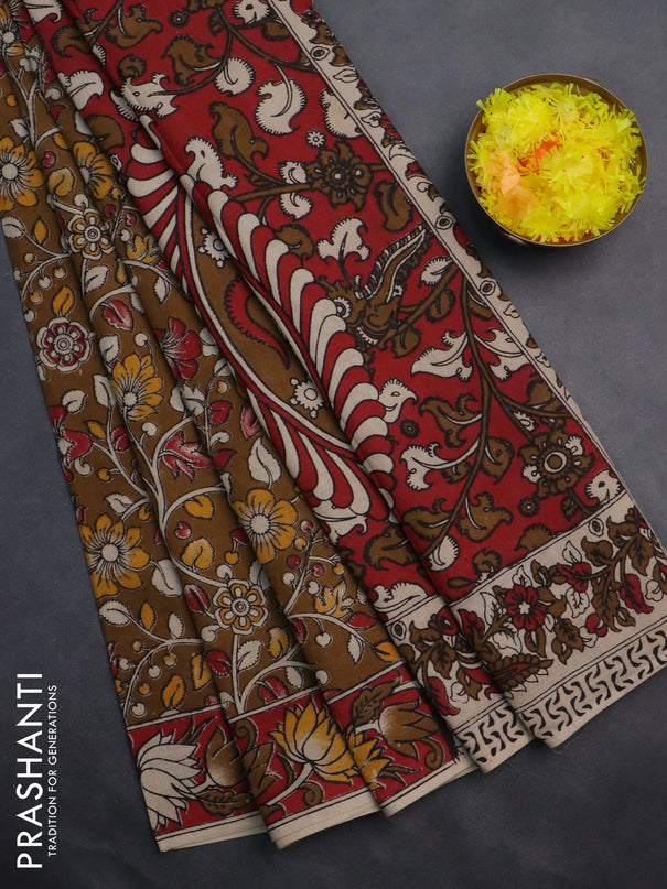 Kalamkari cotton saree dark mustard and red with allover prints and printed border