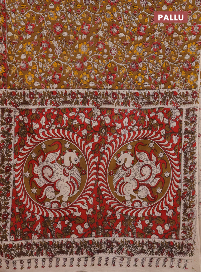 Kalamkari cotton saree dark mustard and red with allover prints and printed border