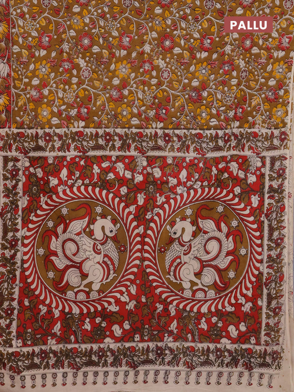 Kalamkari cotton saree dark mustard and red with allover prints and printed border