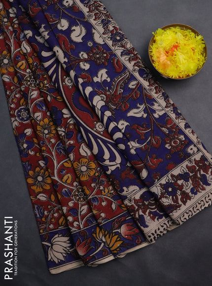 Kalamkari cotton saree maroon and blue with allover prints and printed border