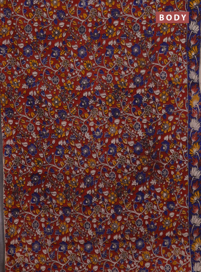Kalamkari cotton saree maroon and blue with allover prints and printed border