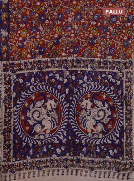 Kalamkari cotton saree maroon and blue with allover prints and printed border