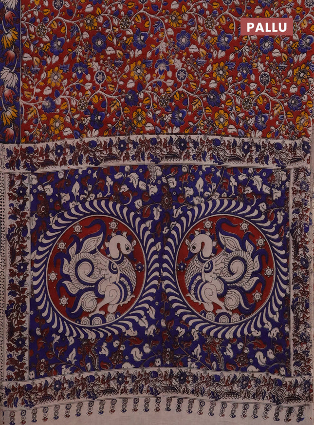 Kalamkari cotton saree maroon and blue with allover prints and printed border