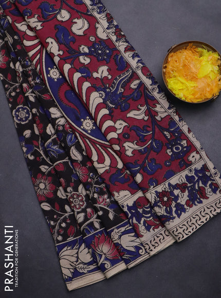 Kalamkari cotton saree black and blue with allover prints and printed border