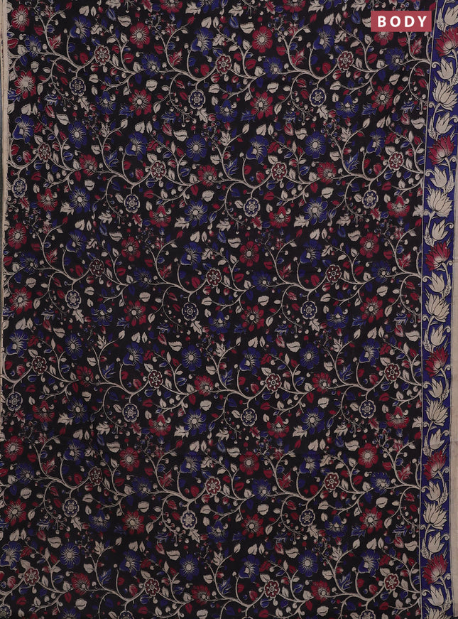 Kalamkari cotton saree black and blue with allover prints and printed border