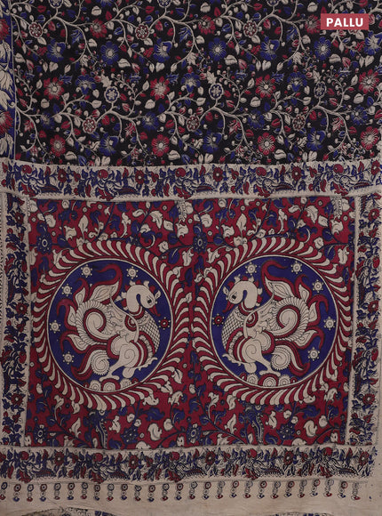Kalamkari cotton saree black and blue with allover prints and printed border