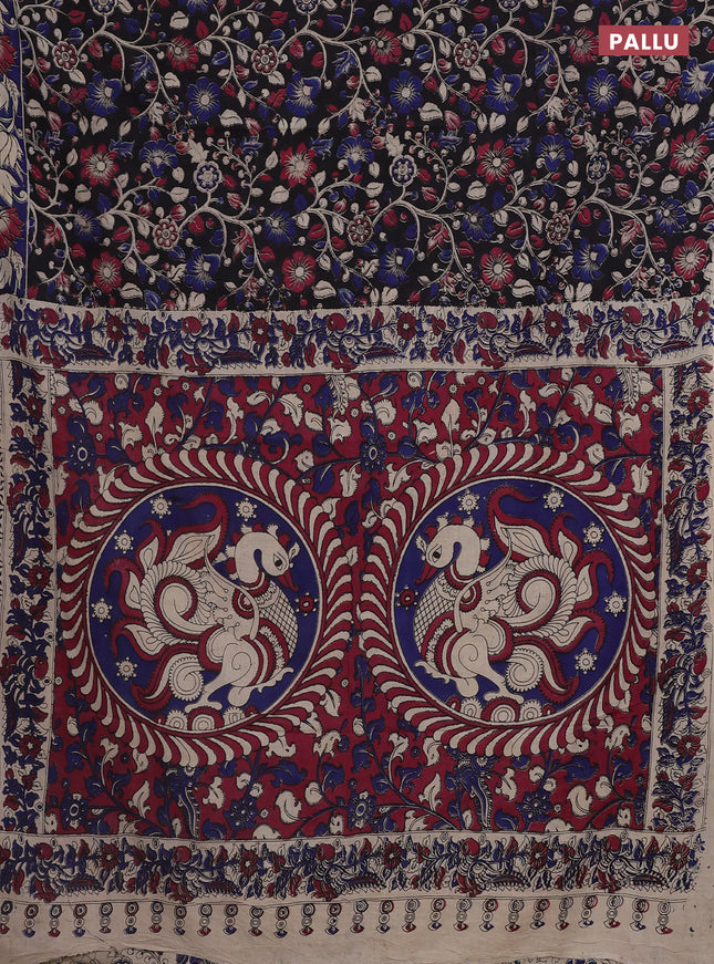 Kalamkari cotton saree black and blue with allover prints and printed border