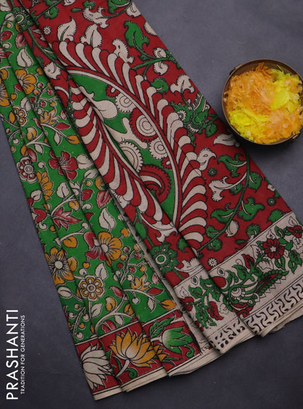 Kalamkari cotton saree green and red with allover prints and printed border