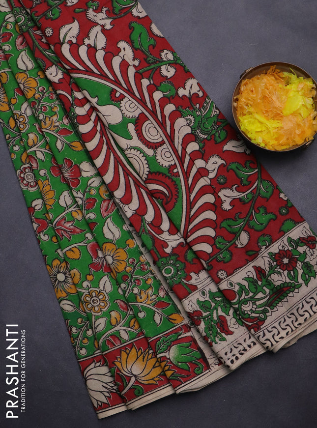 Kalamkari cotton saree green and red with allover prints and printed border