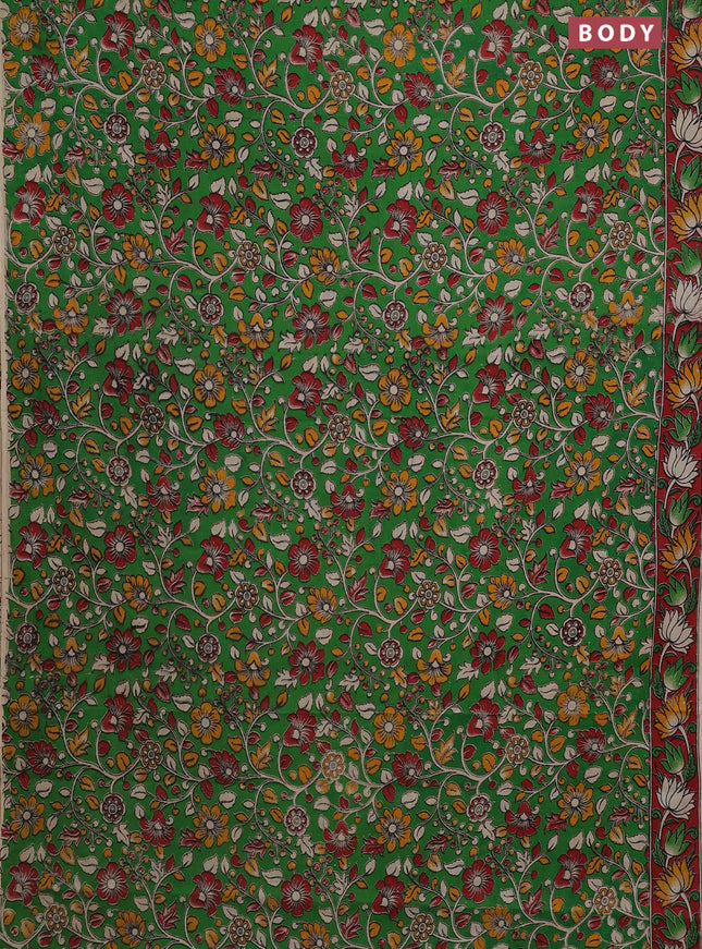 Kalamkari cotton saree green and red with allover prints and printed border