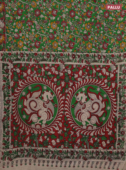 Kalamkari cotton saree green and red with allover prints and printed border