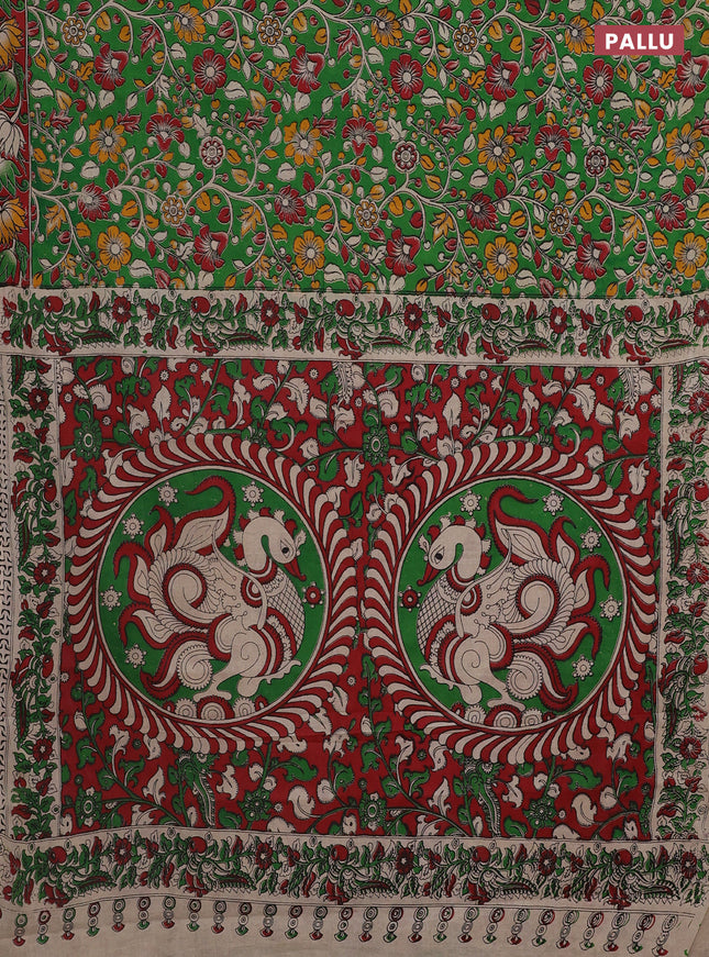 Kalamkari cotton saree green and red with allover prints and printed border