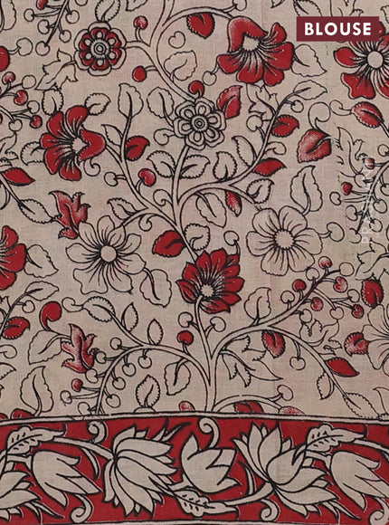 Kalamkari cotton saree green and red with allover prints and printed border