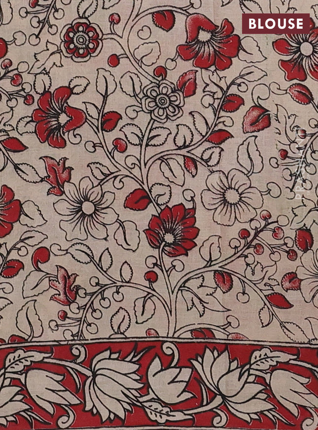 Kalamkari cotton saree green and red with allover prints and printed border