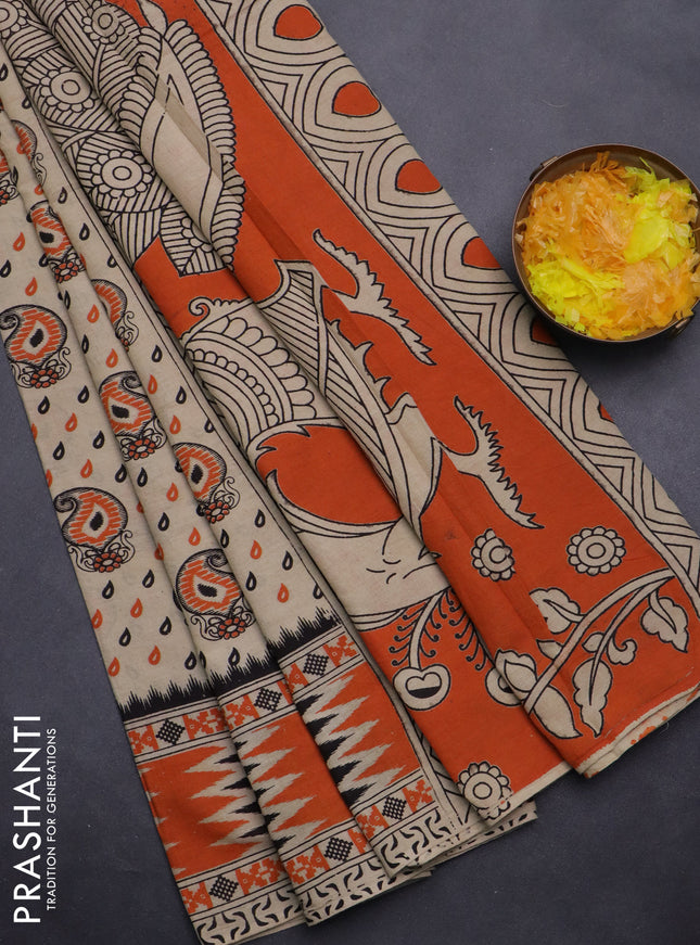 Kalamkari cotton saree beige and orange with allover paisley butta prints and printed border