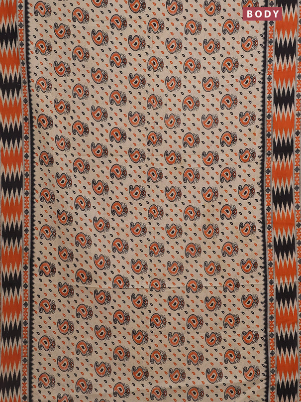 Kalamkari cotton saree beige and orange with allover paisley butta prints and printed border