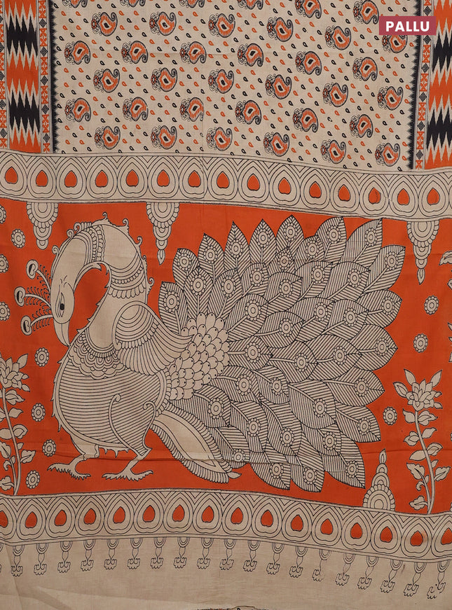 Kalamkari cotton saree beige and orange with allover paisley butta prints and printed border