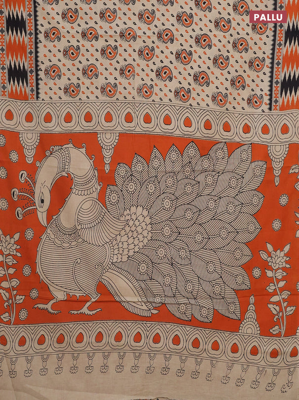 Kalamkari cotton saree beige and orange with allover paisley butta prints and printed border