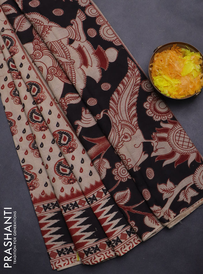 Kalamkari cotton saree beige and maroon with allover paisley butta prints and printed border