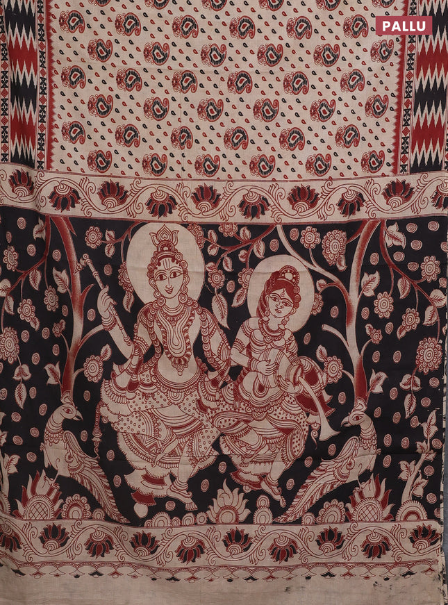 Kalamkari cotton saree beige and maroon with allover paisley butta prints and printed border