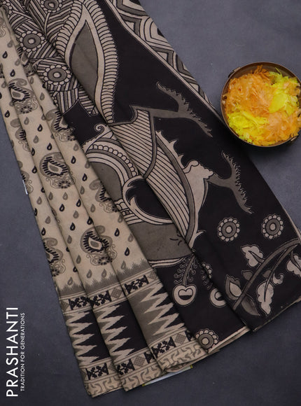 Kalamkari cotton saree beige and grey with allover paisley butta prints and printed border