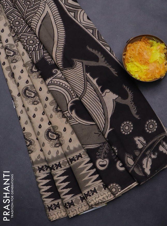 Kalamkari cotton saree beige and grey with allover paisley butta prints and printed border