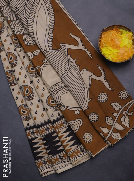 Kalamkari cotton saree beige and dark mustard with allover paisley butta prints and printed border