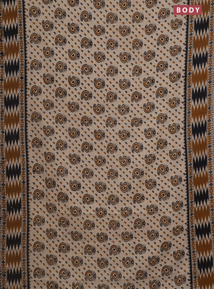 Kalamkari cotton saree beige and dark mustard with allover paisley butta prints and printed border