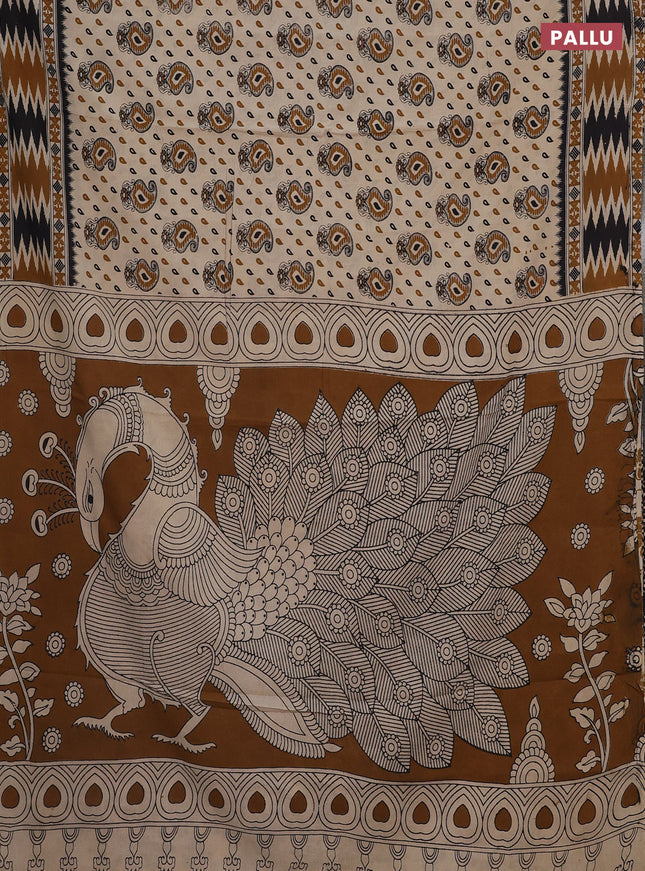 Kalamkari cotton saree beige and dark mustard with allover paisley butta prints and printed border