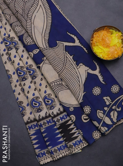 Kalamkari cotton saree beige and blue with allover paisley butta prints and printed border