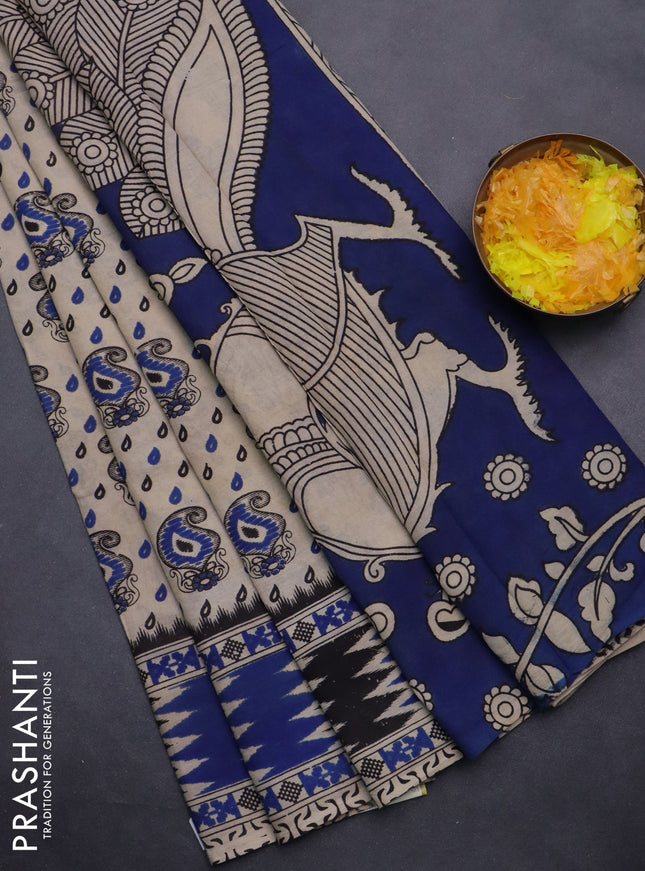 Kalamkari cotton saree beige and blue with allover paisley butta prints and printed border