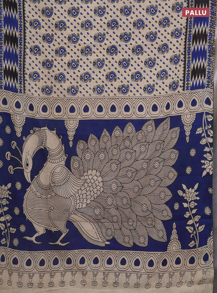 Kalamkari cotton saree beige and blue with allover paisley butta prints and printed border