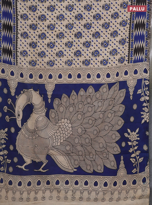 Kalamkari cotton saree beige and blue with allover paisley butta prints and printed border