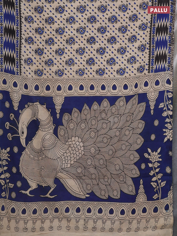 Kalamkari cotton saree beige and blue with allover paisley butta prints and printed border