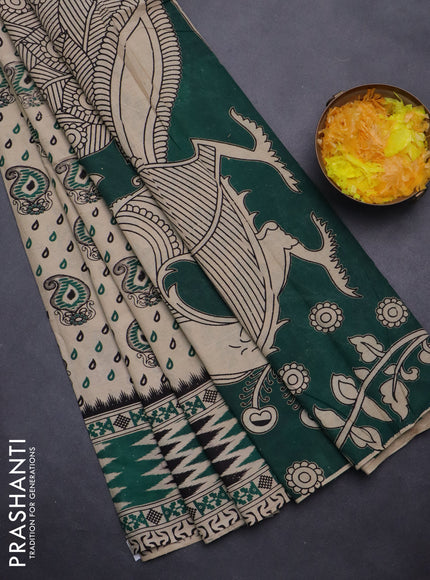Kalamkari cotton saree beige and green with allover paisley butta prints and printed border