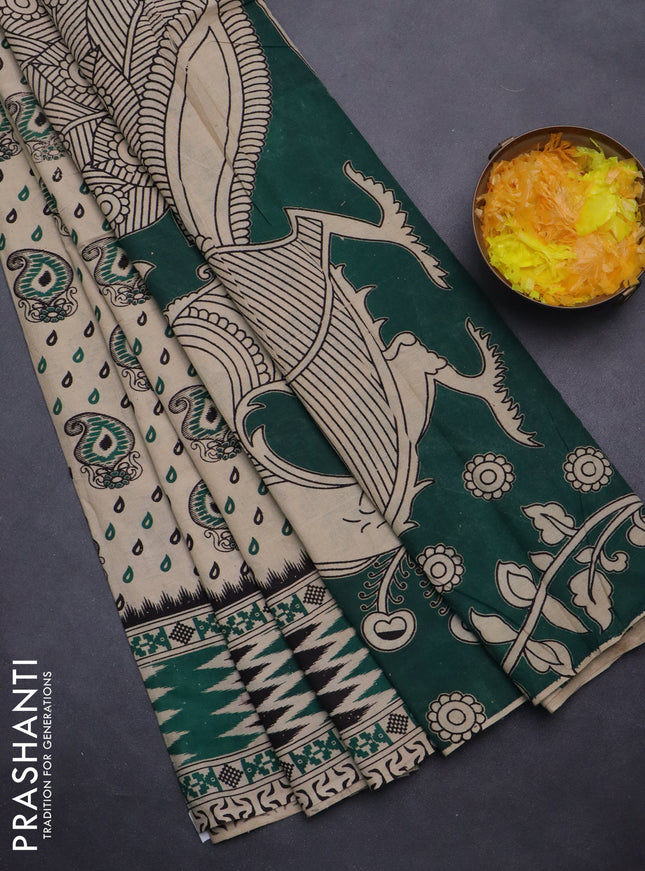 Kalamkari cotton saree beige and green with allover paisley butta prints and printed border