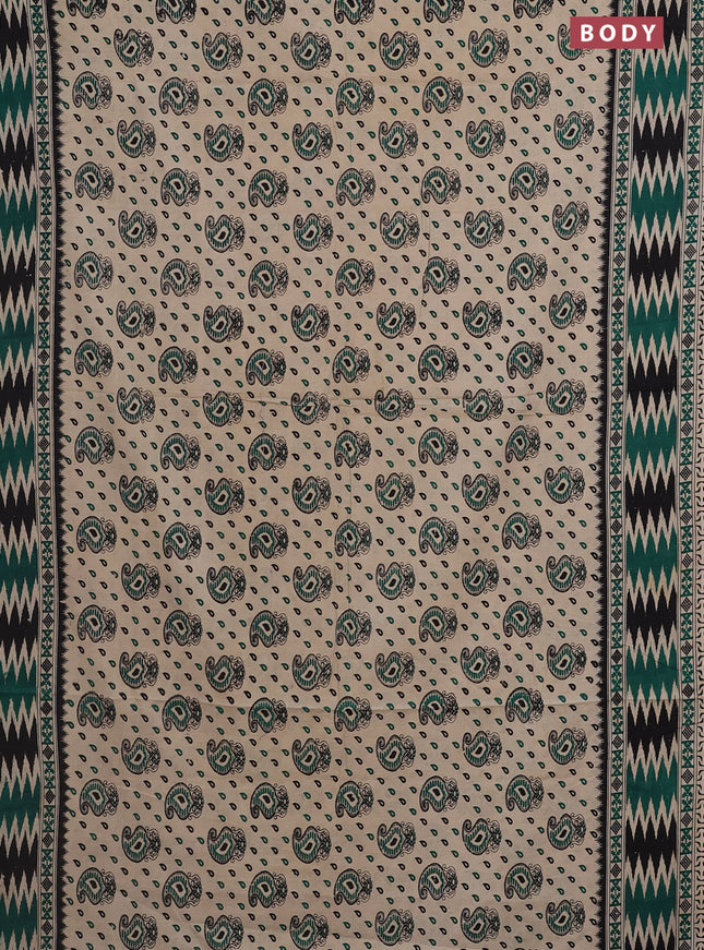Kalamkari cotton saree beige and green with allover paisley butta prints and printed border