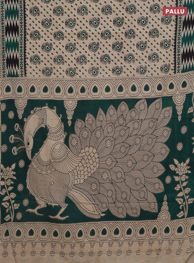 Kalamkari cotton saree beige and green with allover paisley butta prints and printed border
