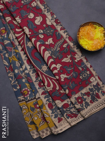 Kalamkari cotton saree grey and mustard yellow with allover prints and printed border