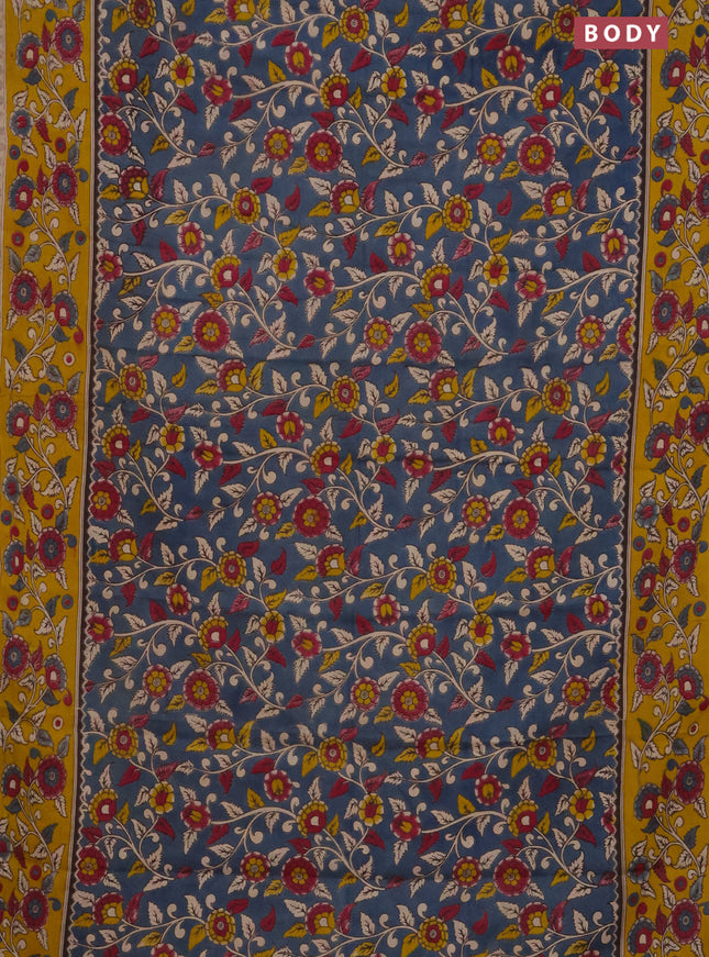 Kalamkari cotton saree grey and mustard yellow with allover prints and printed border