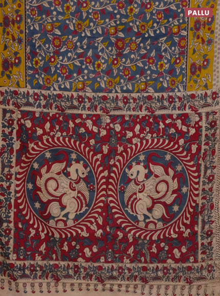 Kalamkari cotton saree grey and mustard yellow with allover prints and printed border