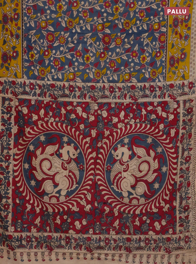 Kalamkari cotton saree grey and mustard yellow with allover prints and printed border