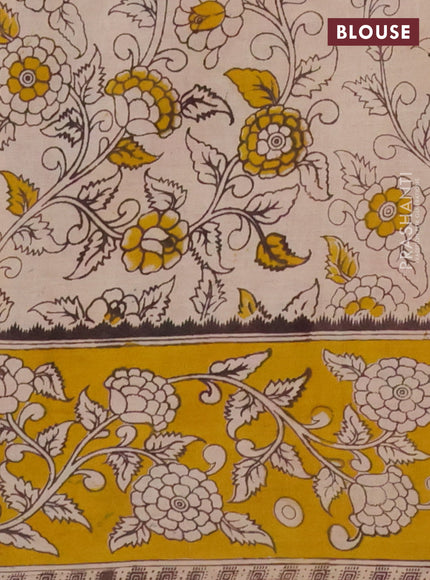 Kalamkari cotton saree grey and mustard yellow with allover prints and printed border