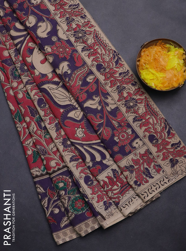 Kalamkari cotton saree maroon and deep violet with allover prints and printed border