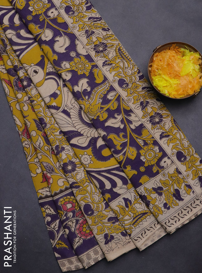 Kalamkari cotton saree yellow and violet with allover prints and printed border