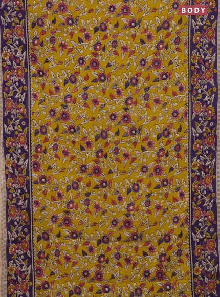 Kalamkari cotton saree yellow and violet with allover prints and printed border