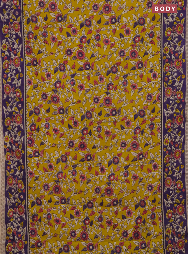 Kalamkari cotton saree yellow and violet with allover prints and printed border