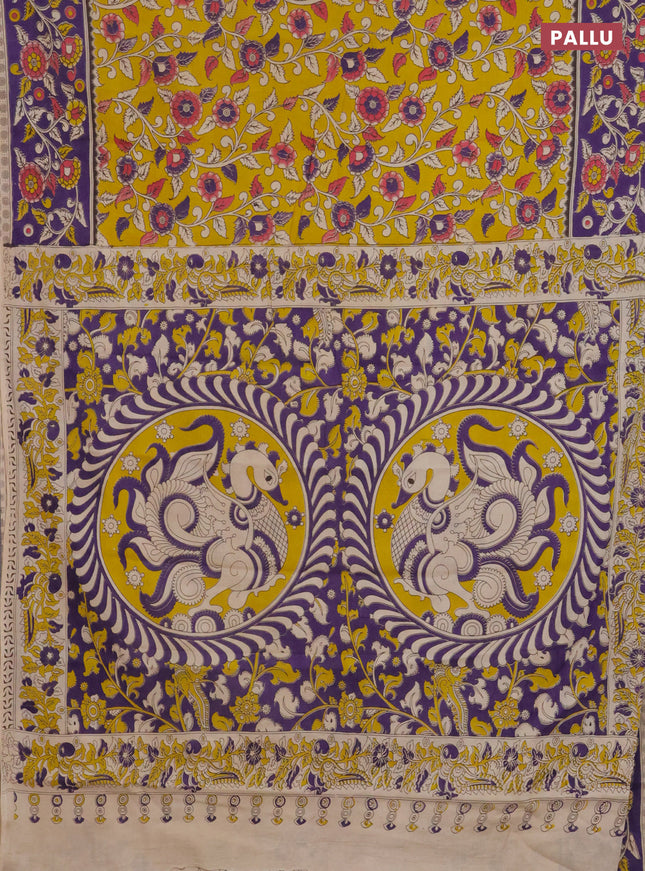 Kalamkari cotton saree yellow and violet with allover prints and printed border