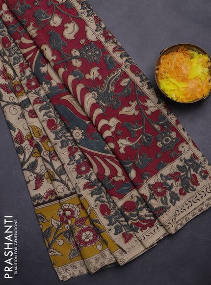 Kalamkari cotton saree beige and yellow with allover prints and printed border